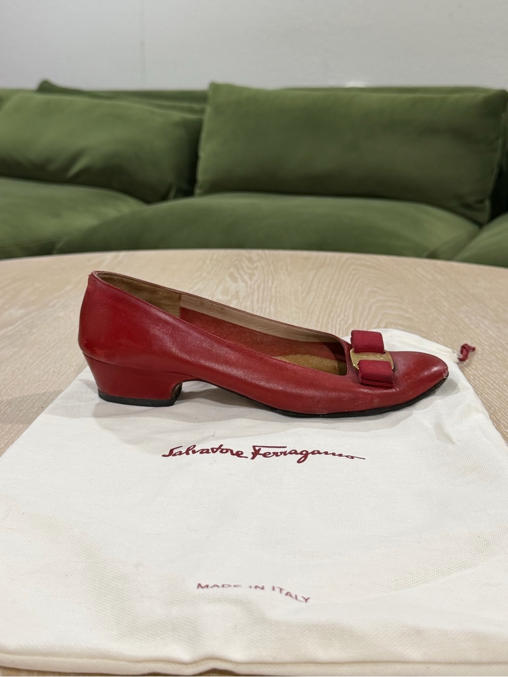Vintage Salvatore Ferragamo Red Leather Low Heel Bow Pump